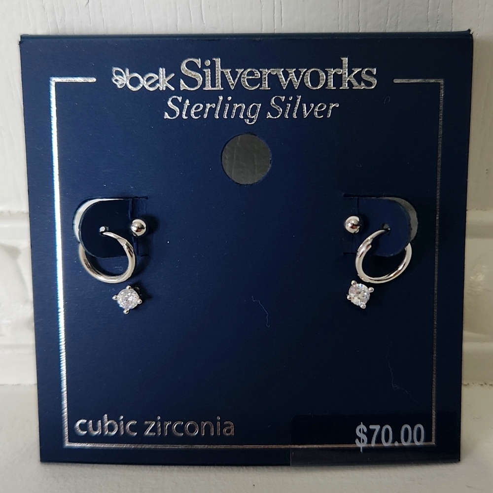 SILVERWORKS TRIO STERLING SILVER CUBIC ZIRCONIA STUD HOOP EARRINGS